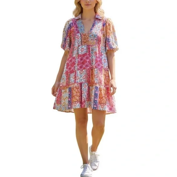 Umgee Boho Mixed Floral Patchwork Babydoll Mini Dress XL - Picture 3 of 14